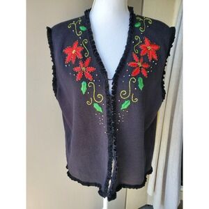 Designer Studio Originals Cardigan Womens XL Poinsettia Christmas Holiday Vest